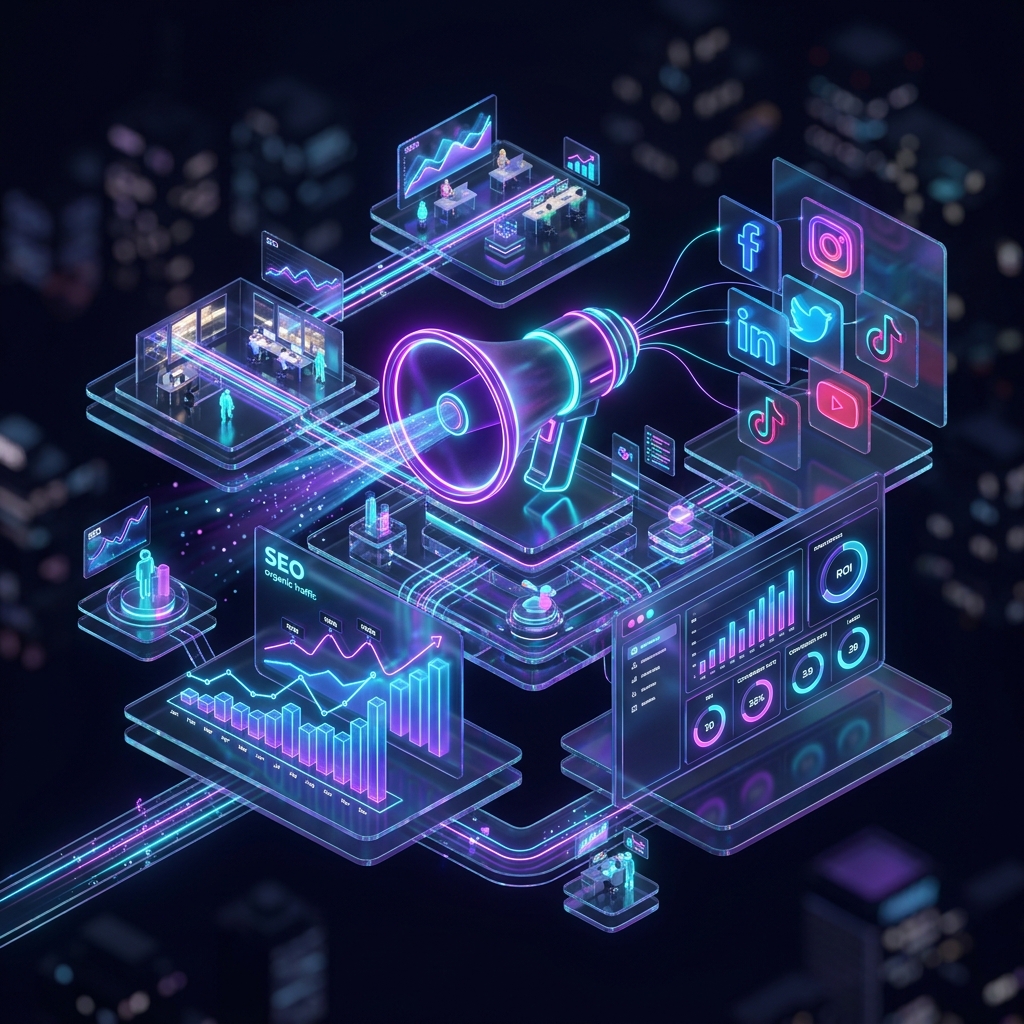 Concepto de marketing digital con gráficos de SEO y crecimiento